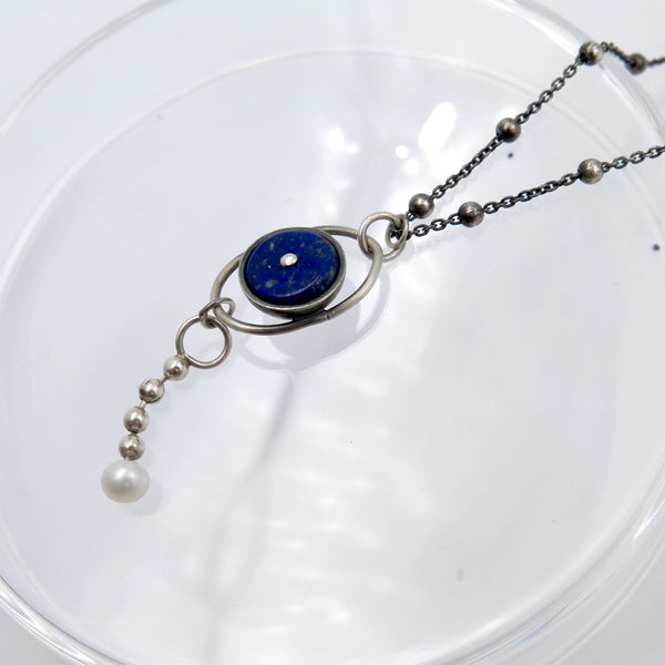 Space Eye necklace in Silver, Lapis & Pearl (made to order)