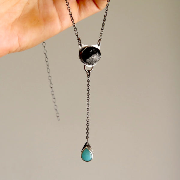 Black Cat Tourmaline Necklace Lariat with Amazonite Drop in Silver