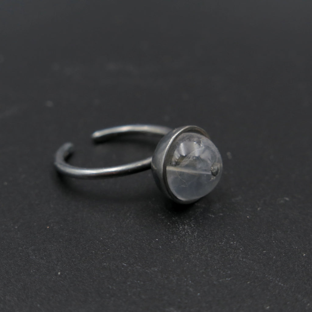 Black Sphere Ring in Silver & Quartz