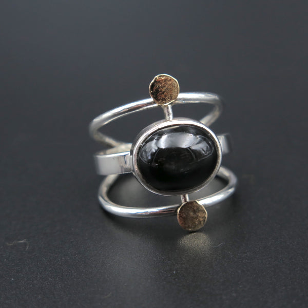 Gladiator Ring in Silver, 14k Gold & Black Four Ray Star Sapphire