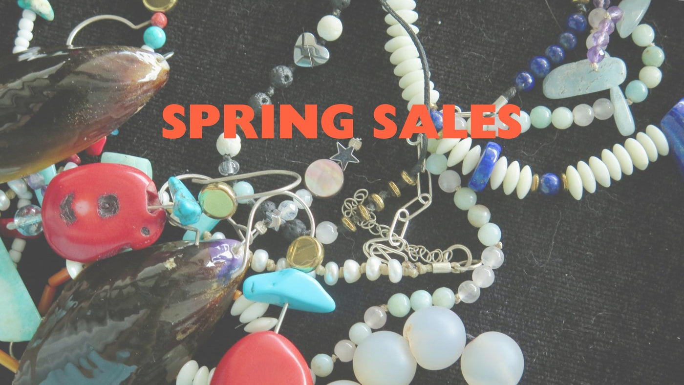 Colorful beaded necklaces on a black background with 'Spring Sales' text.