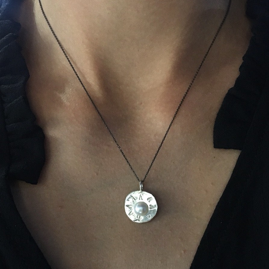 Sun Pendant with Pearl & Silver - Alkisti Jewelry