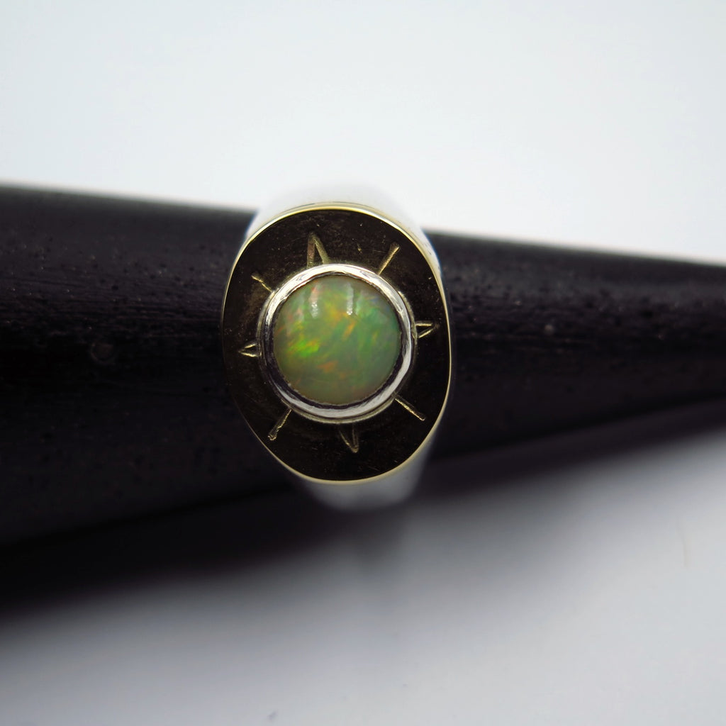 Sun Signet Ring in Silver, 14K Gold & Opal - Alkisti Jewelry