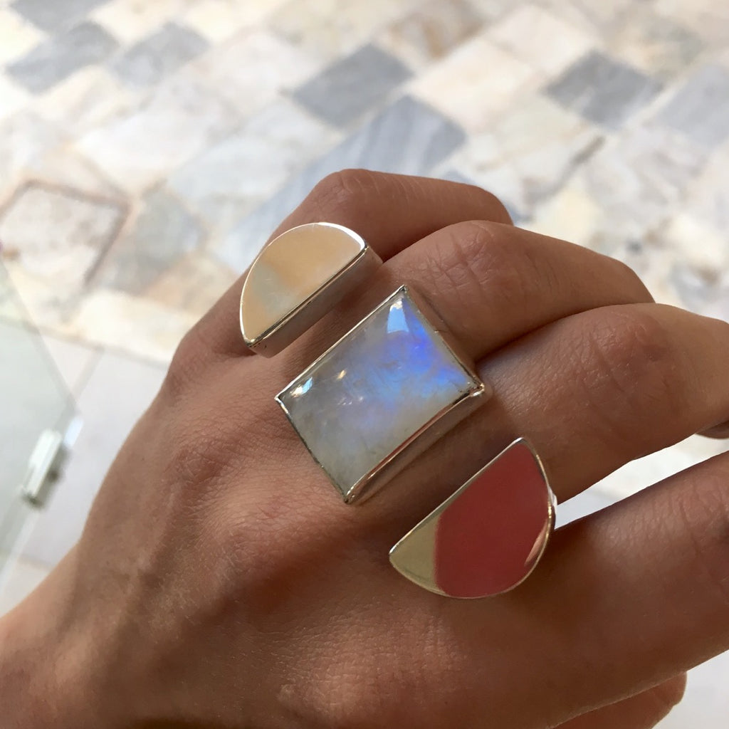 Shield Double Ring in Moonstone - Alkisti Jewelry